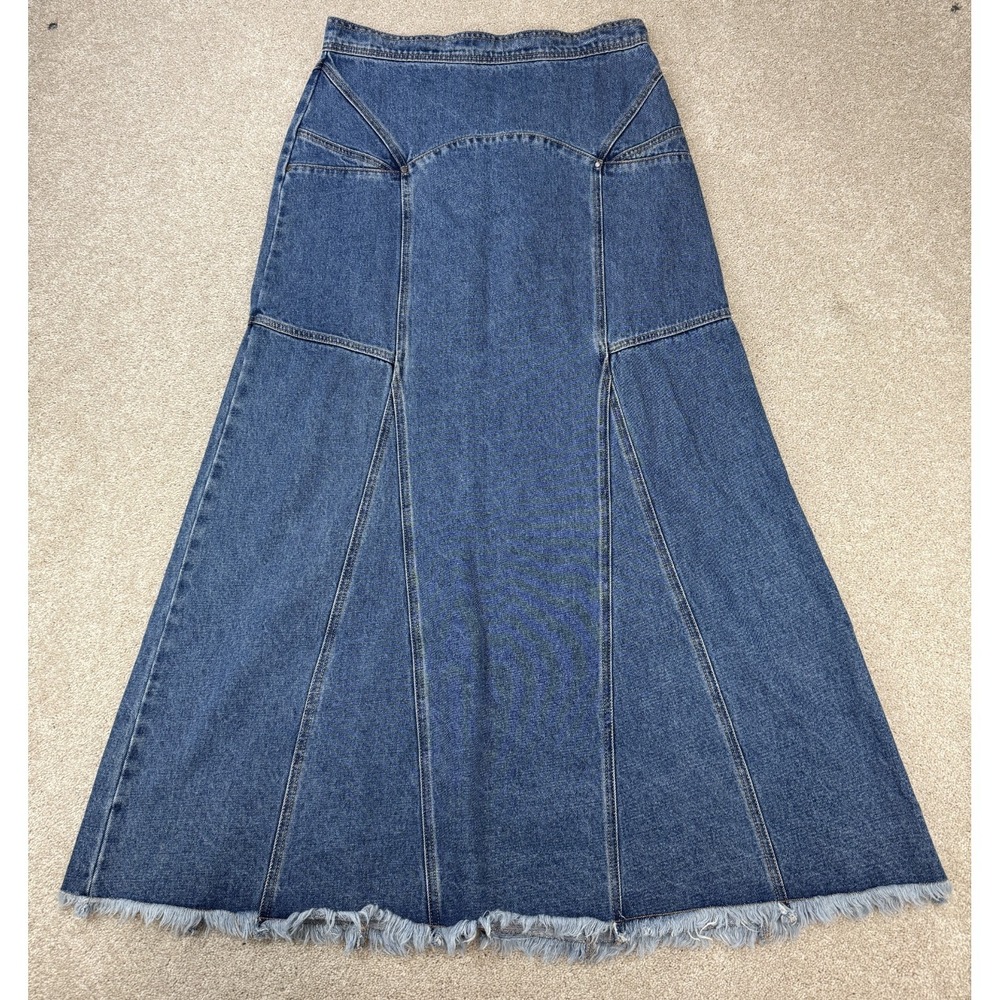 Natural Life Skirt Women's 12 Blue Denim Maxi Long A Line Panel Raw Hem Boho